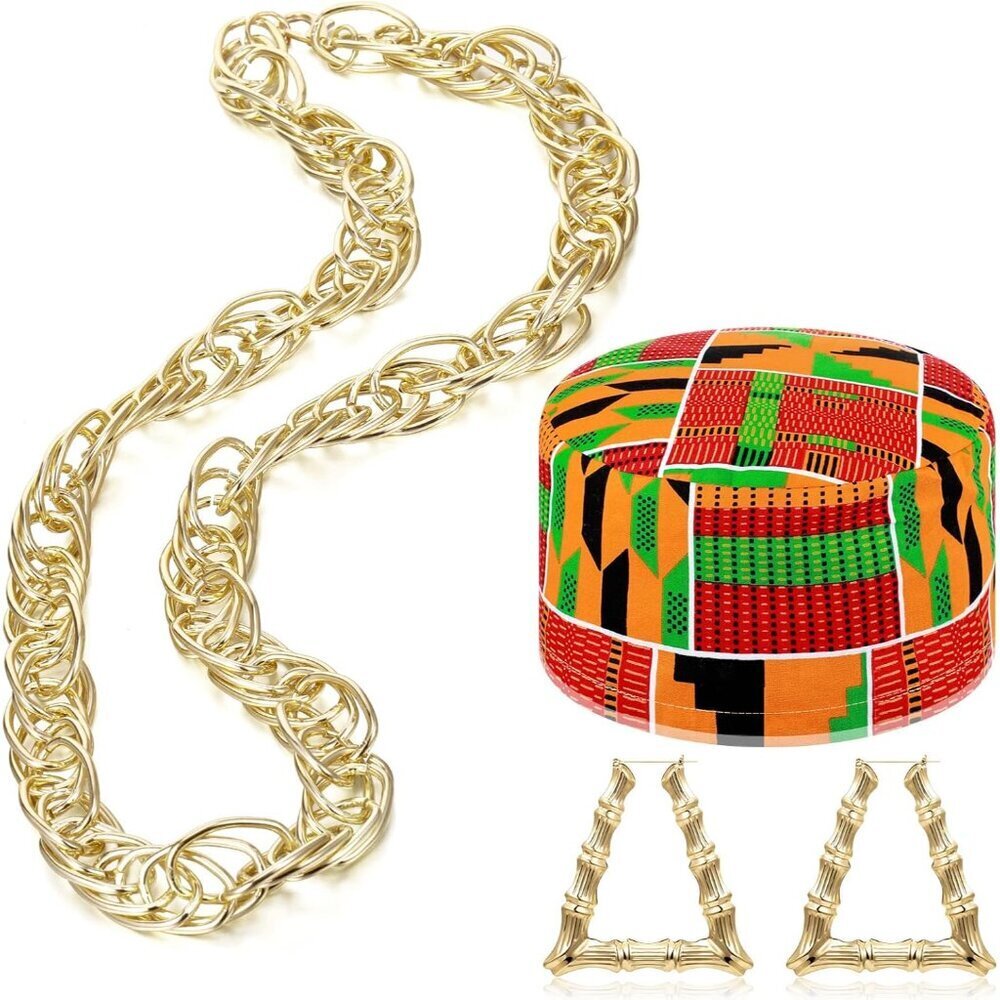 3 Pcs 80s 90s Hip Hop Costume Set Kente Hat Necklace Earrings Accessories